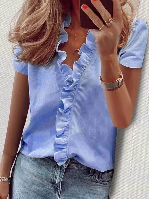 Casual Short Sleeves Solid Color V-Neck Blouses