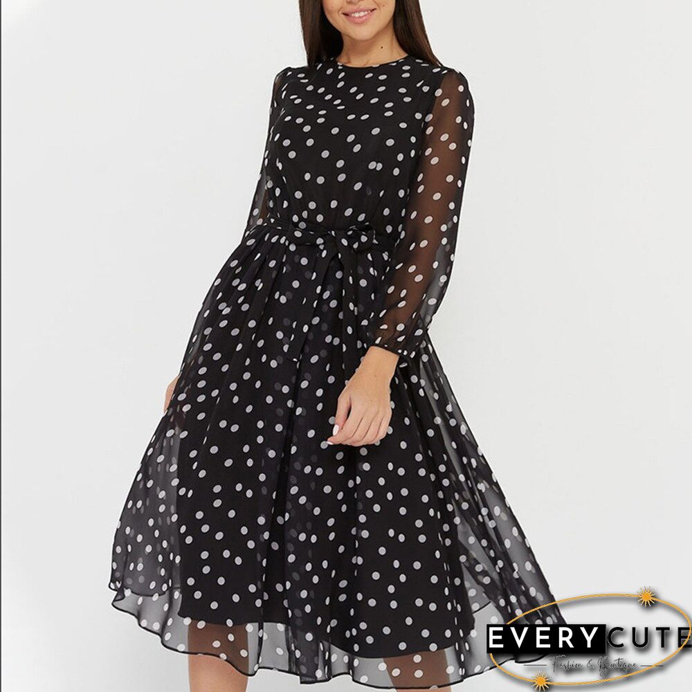 New Fashion Casual Polka Dot Print Chiffon Dress Womens High Waist lantern sleeve a-line