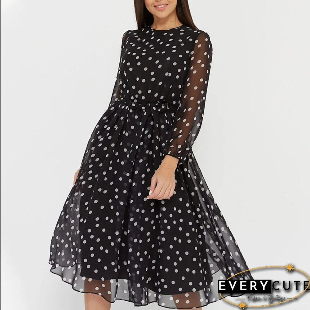 Holiday New Fashion Casual Polka Dot Printed Chiffon Dress Women's High Waist Lantern Sleeve A-Line Knee-Length Dress