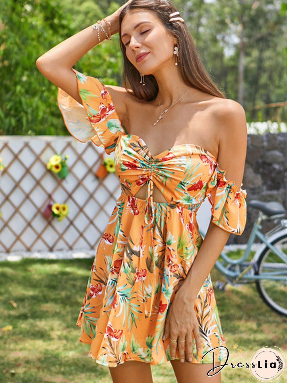 Tropical Floral Print Drawstring Peekaboo Bardot Beach Hot Dress