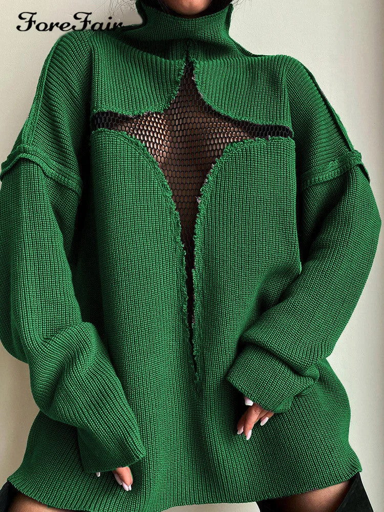 Brownm Sexy Mesh Vacation Loose Knitted Pullover Sweaters