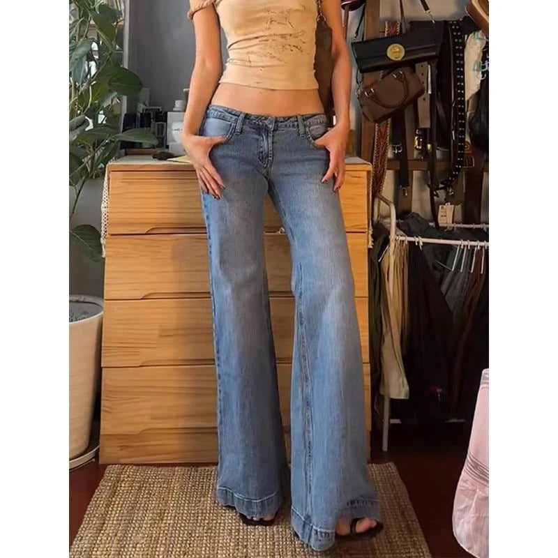 Aiertu Women's Retro Washed Low Waisted Flared Jeans Summer New Chic Casual Wide-leg Pants Female Sexy Denim Bell-bottoms Trousers Aiertu