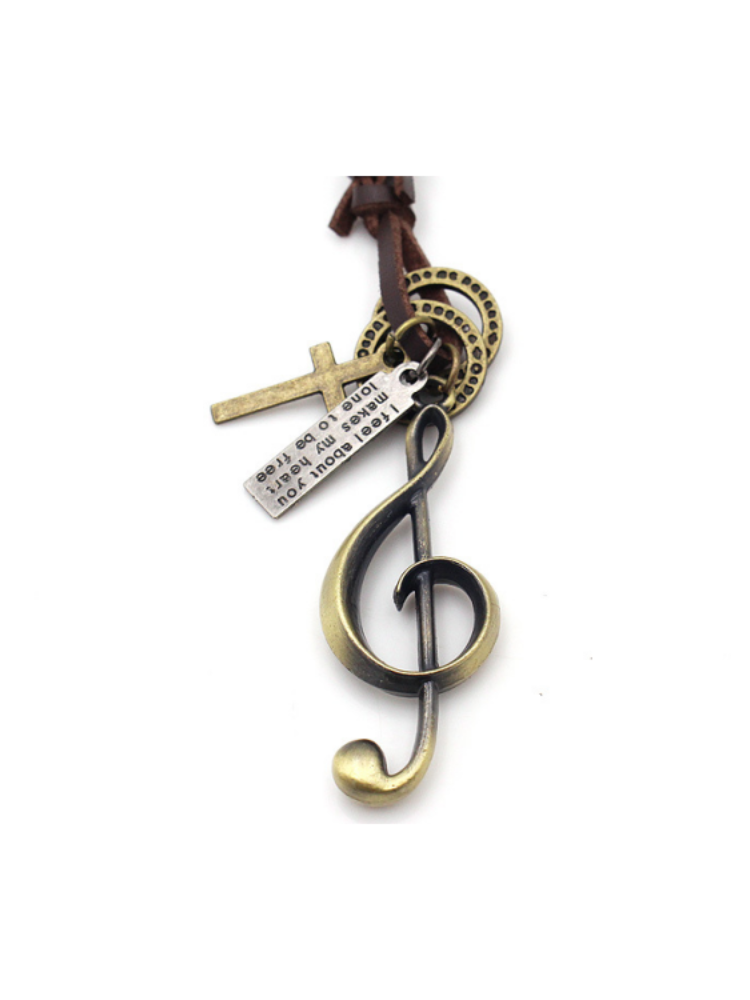 Vintage Music Note Leather Cord Necklace
