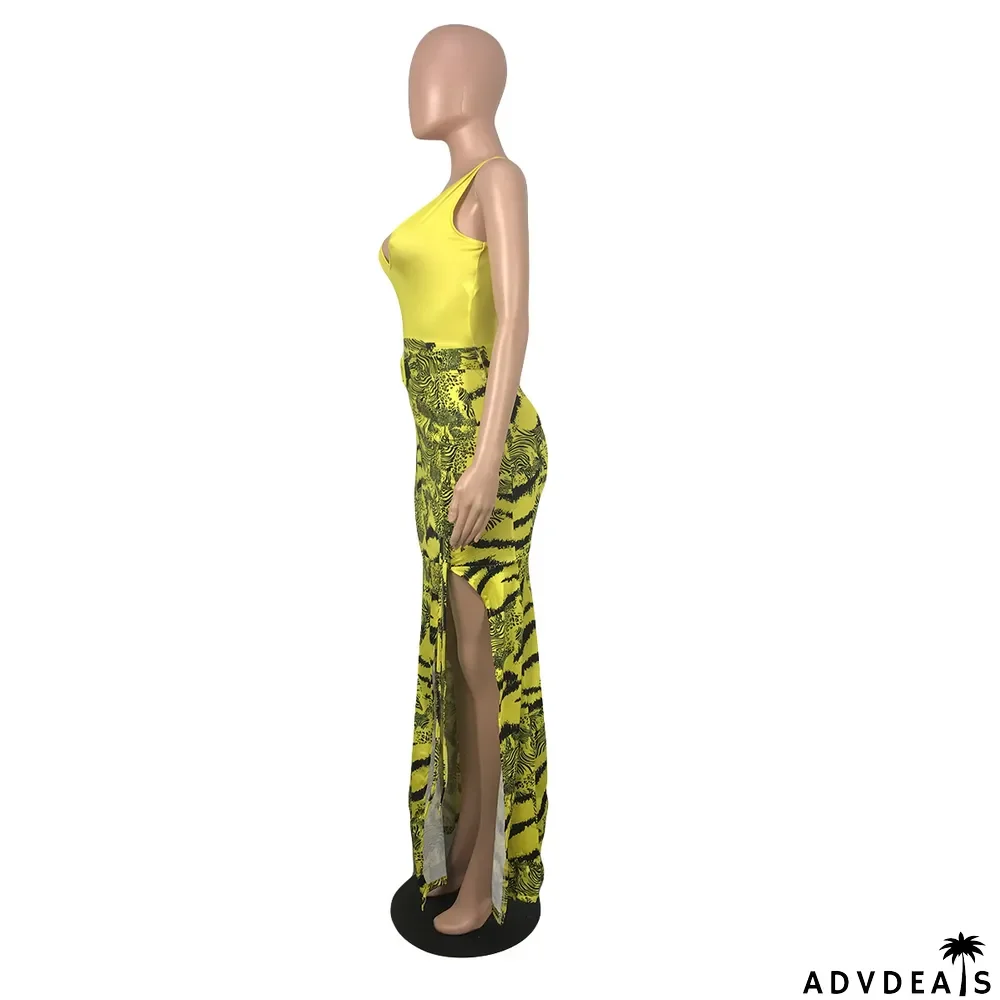 Women Summer Sleeveless V-Neck Print Pleated Dress