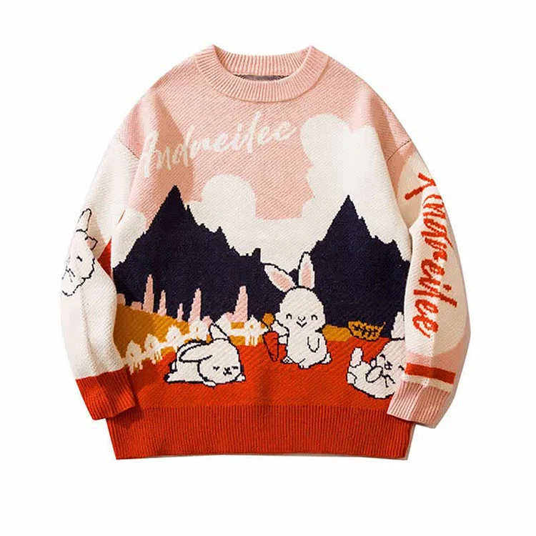 Girlfriend Boyfriend Cartoon Bunny Print Colorblock Round Collar Sweater - Modakawa Modakawa