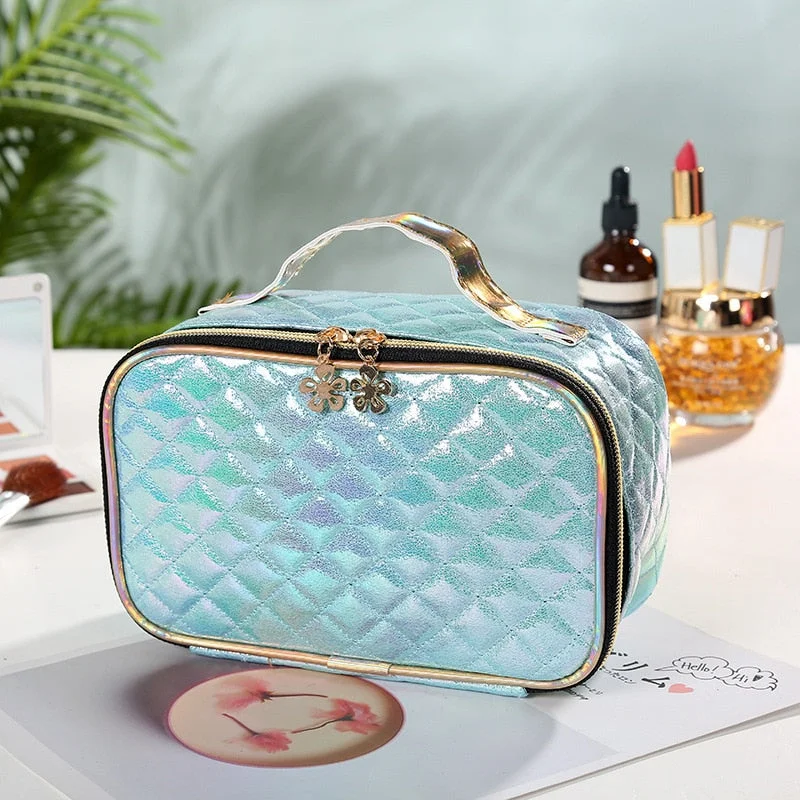 FUDEAM Leather Argyle Portable Women Cosmetic Bag Multifunction Waterproof Travel Storage Organize Handbag Female Makeup Case