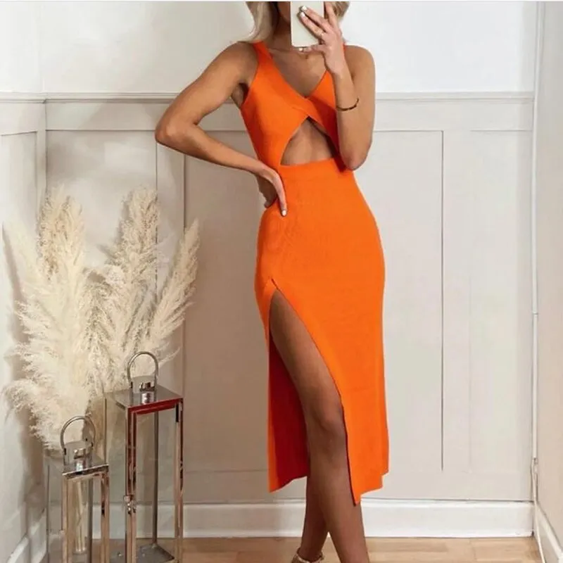 Stylish Chic Front Hollow Out Orange Midi Dress Women 2021 Fashion V-Neck Side Split Strap Dress Female Elegant Vestidos