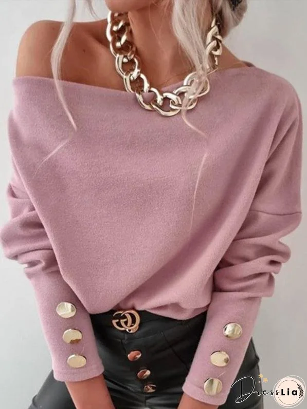 T-Shirts Boat Neck Off Shoulder Button Long Sleeve T-Shirt for Women