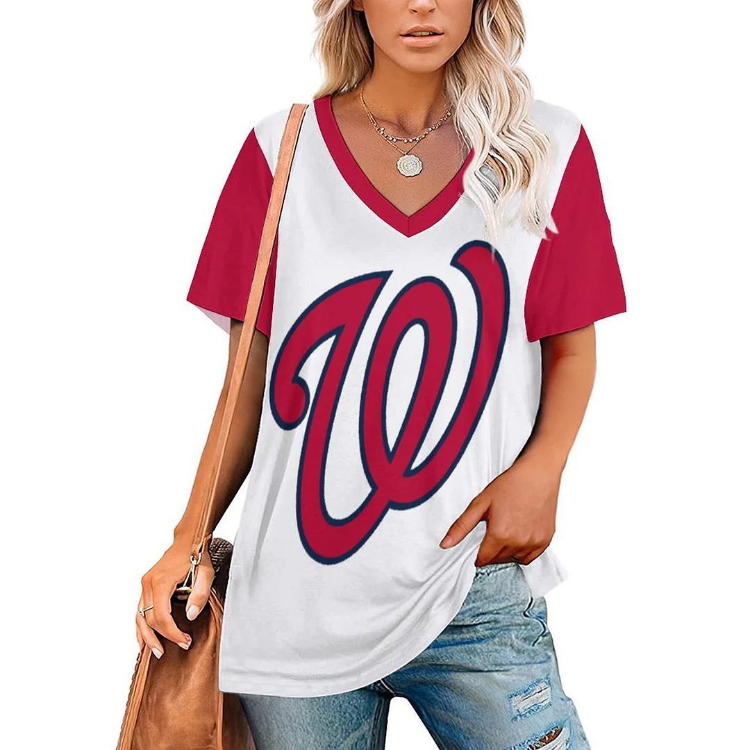 V-neck Short Sleeve Casual T-shirt for  Women Printed with Pattern , Blue, Red