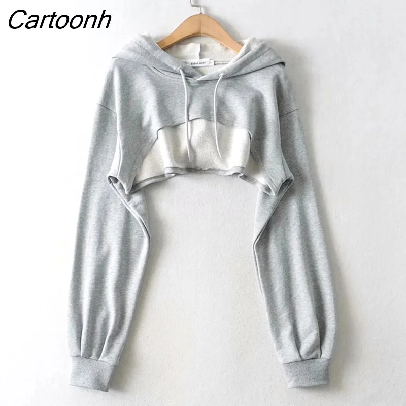 Cartoonh Women Curved Cut Front Super Crop Hoodie Drop Shoulder Sexy Crop Hooded Sweatshirt