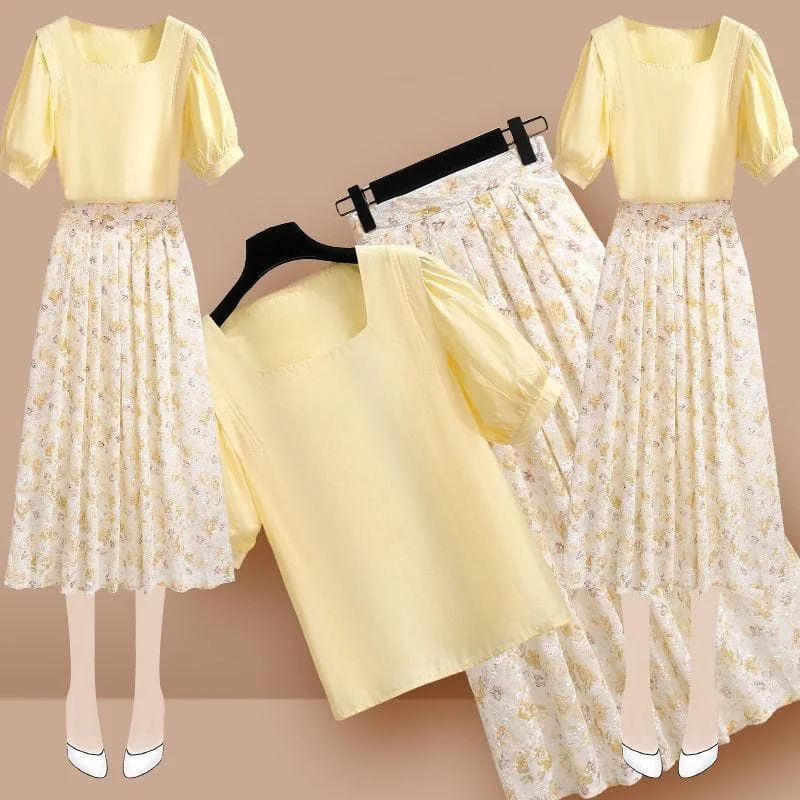 Spring Sweet Casual Yellow Blouse Outfit and Cottagecore Style Skirt SP16287