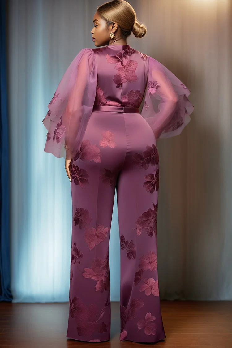 Xpluswear Design Plus Size Formal Tulle Purple Floral Round Neck 3/4 Sleeve See Through Pocket Satin Jumpsuits