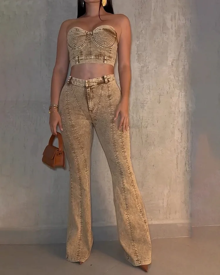 Women's denim tube top trousers set