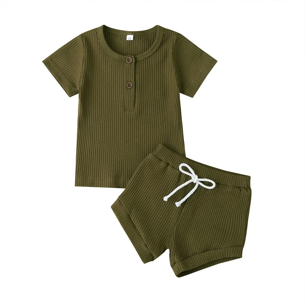 2020 Baby Summer Clothing Child Infant Baby Girls Boys Clothing Short Sleeve Solid Color Ribbed Top T Shirt Shorts Clothes