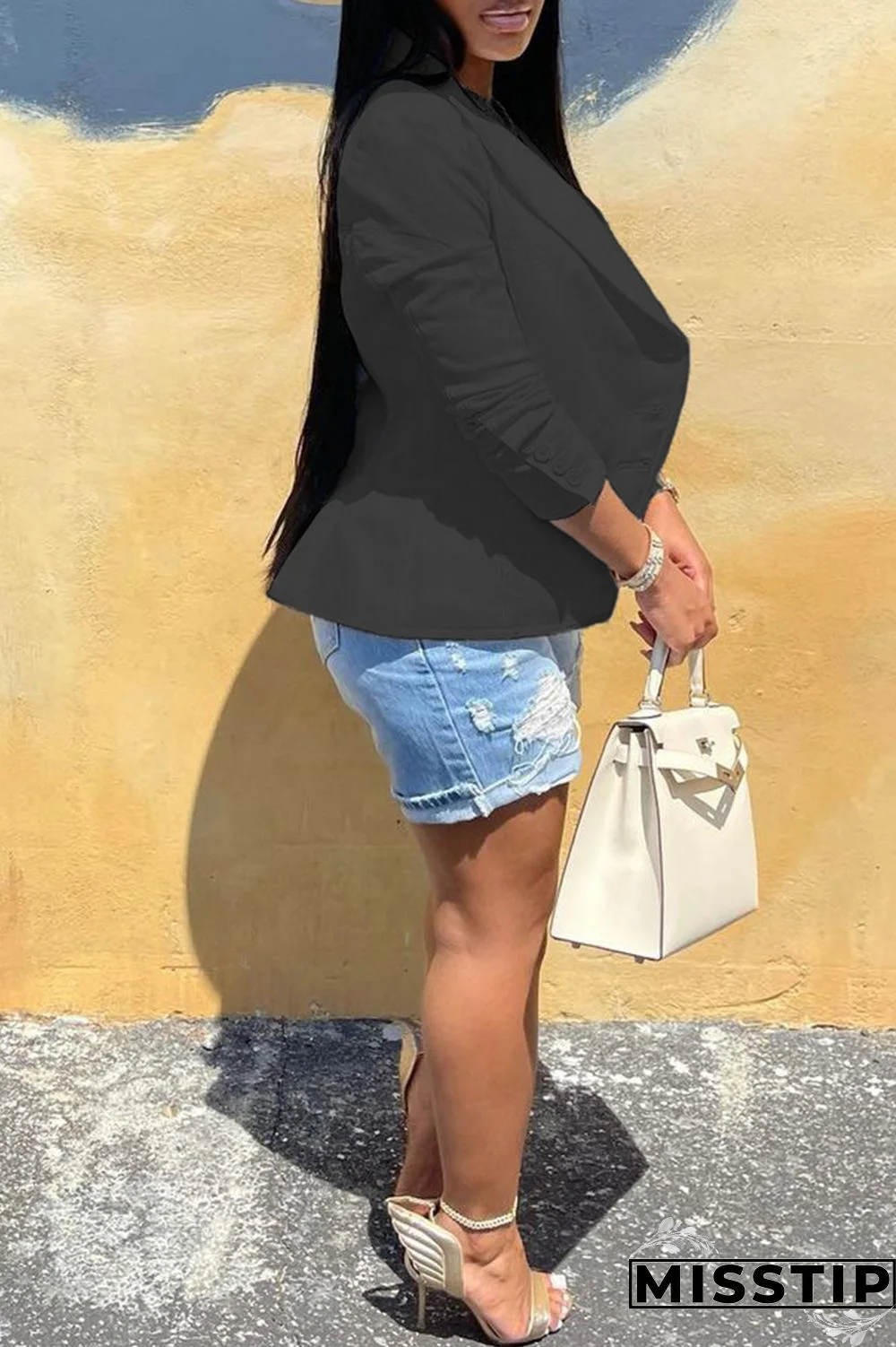 Black Fashion Casual Solid Cardigan Turndown Collar Outerwear