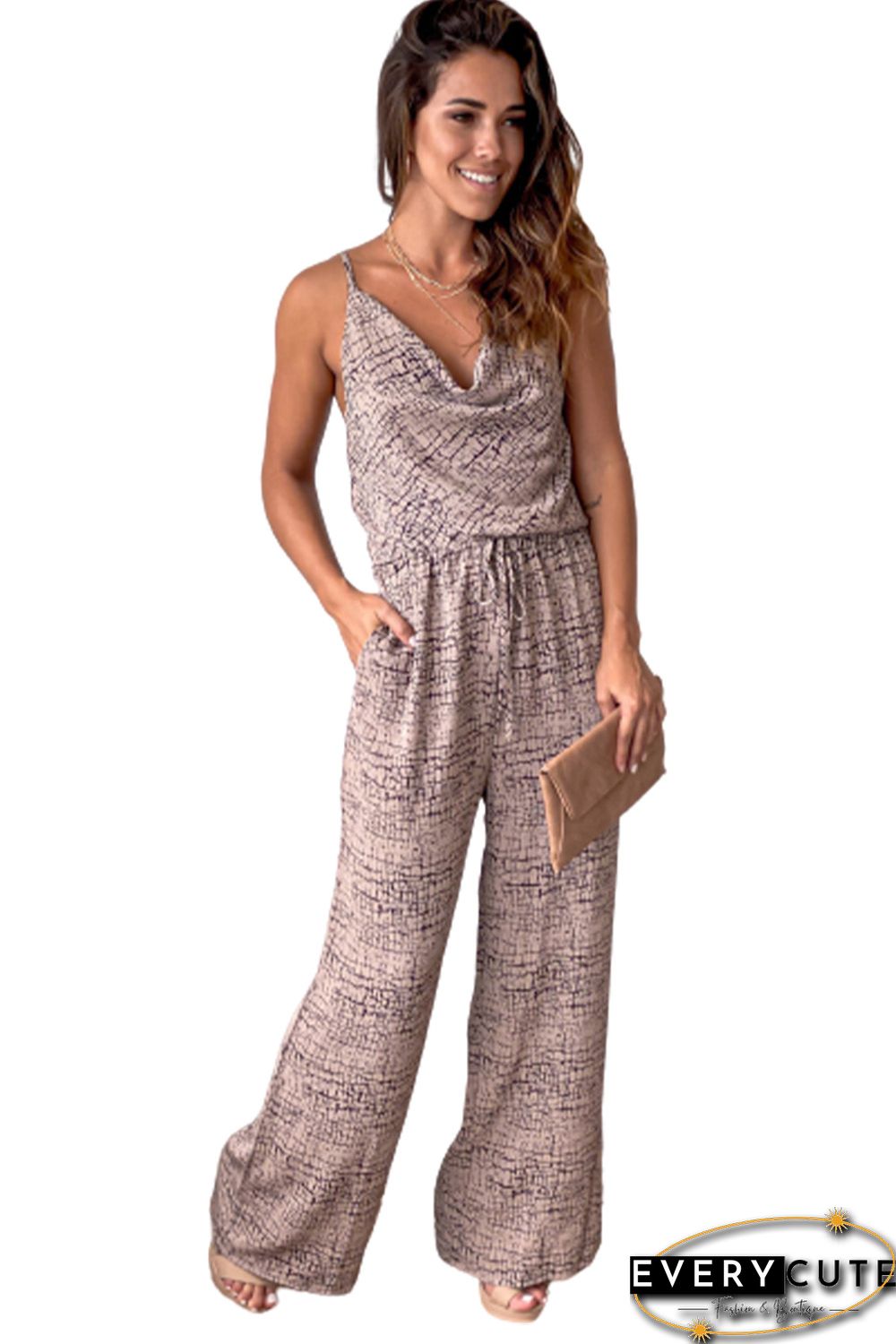 Khaki Cowl Neck Printed Sleeveless Jumpsuit