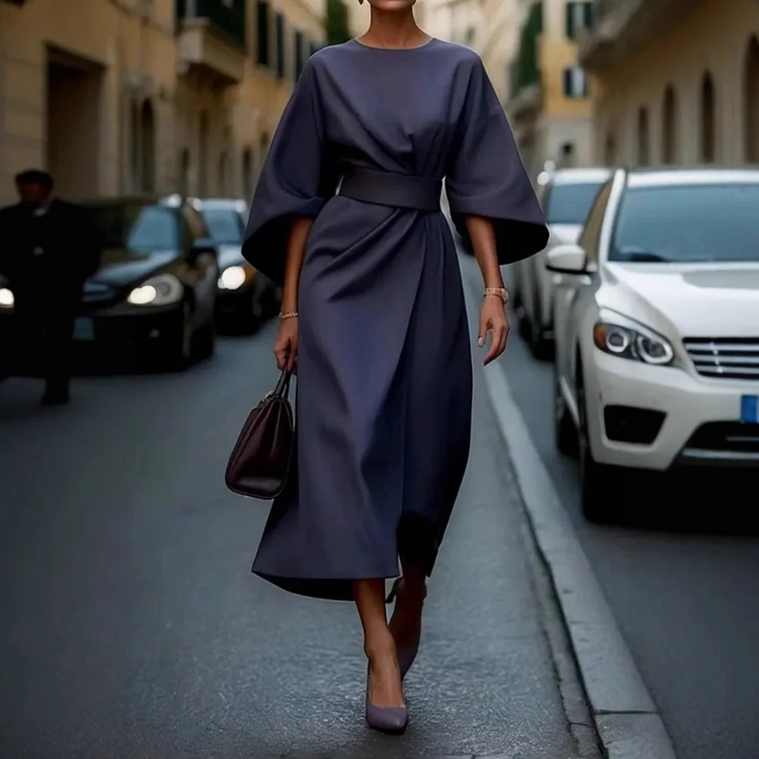 Nigikala Nigikala Women's Fashion Temperament Elegant Solid Color Waist Dress Casual Bat Sleeve Dress