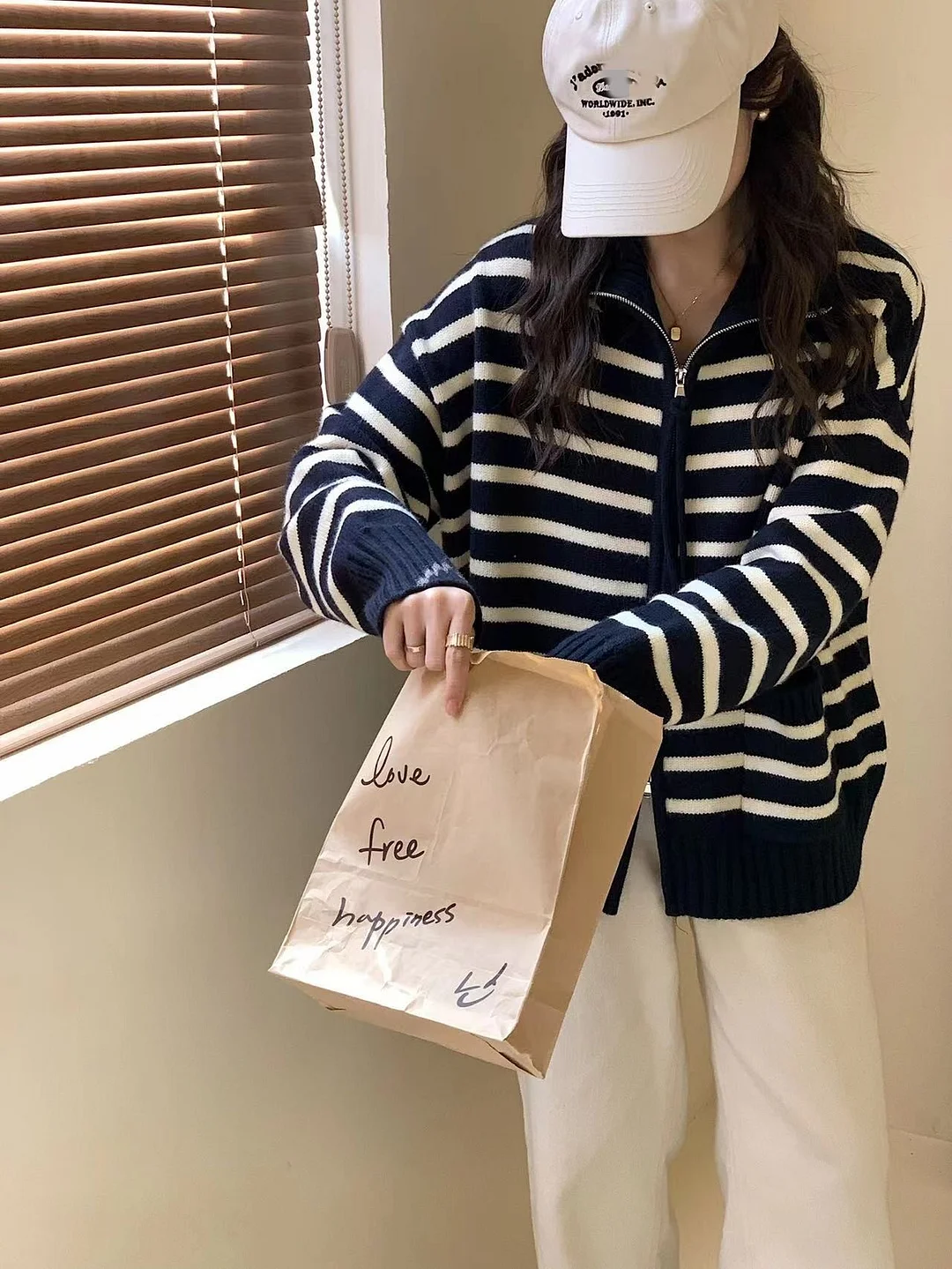 Churchf Churchf Lapel Stripe Double Zipper Knit Cardigan Women's 2024 New Loose And Versatile Thin Sweater Coat