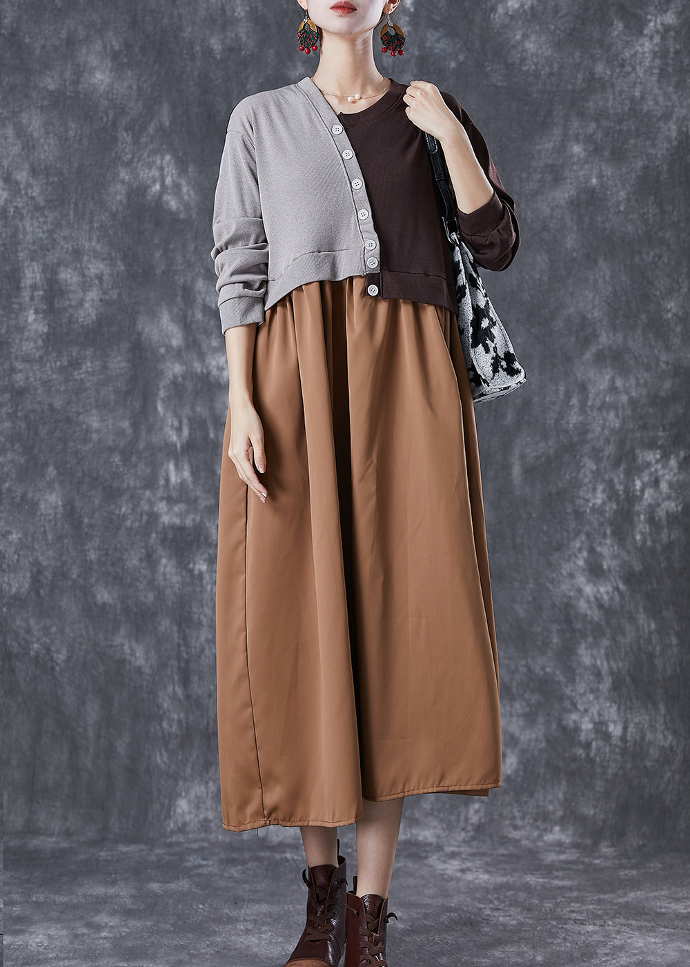 VCSHOES Colorblock Asymmetrical Patchwork Button Knit Dresses Summer