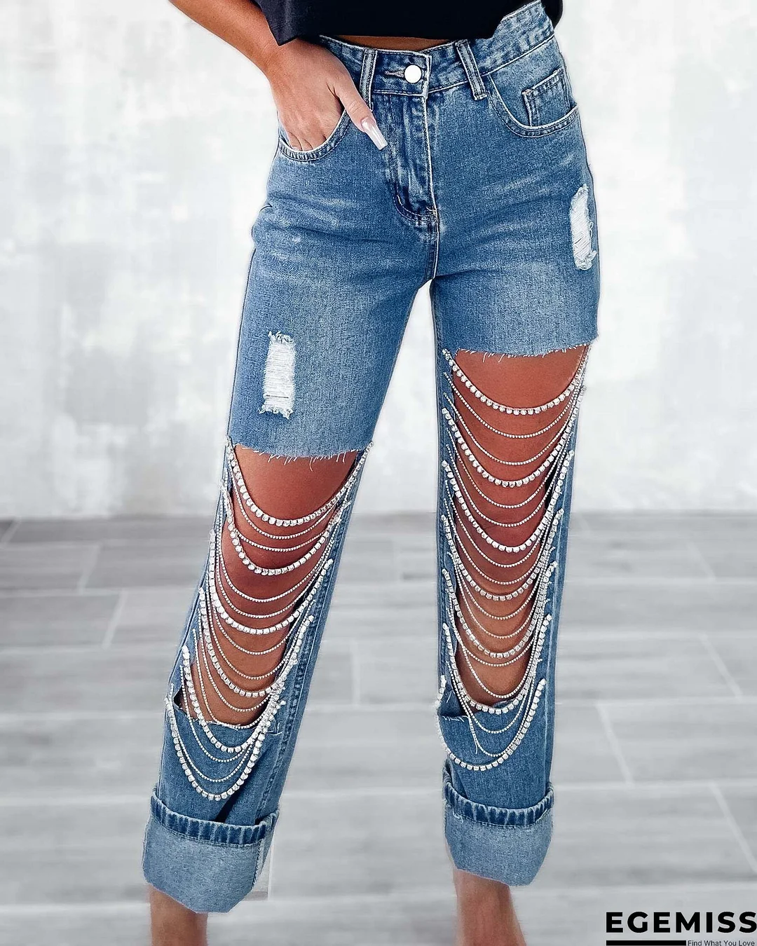 Baby Blue Street Solid Bandage Buttons High Waist Regular Denim | EGEMISS