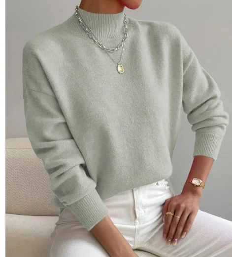 Athvotar Athvotar And Winter Half-High Collar Cover Long-Sleeved Sweater Women's Fashion Solid Color Loose Knitting Top