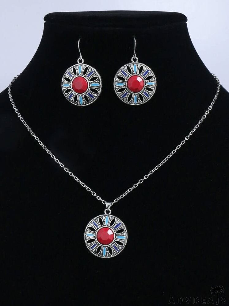 3pcs Gemstone Decor Hollow Flower Jewelry Set