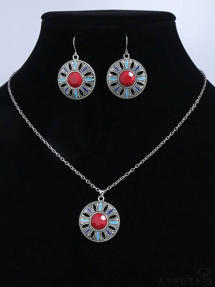 3pcs Gemstone Decor Hollow Flower Jewelry Set