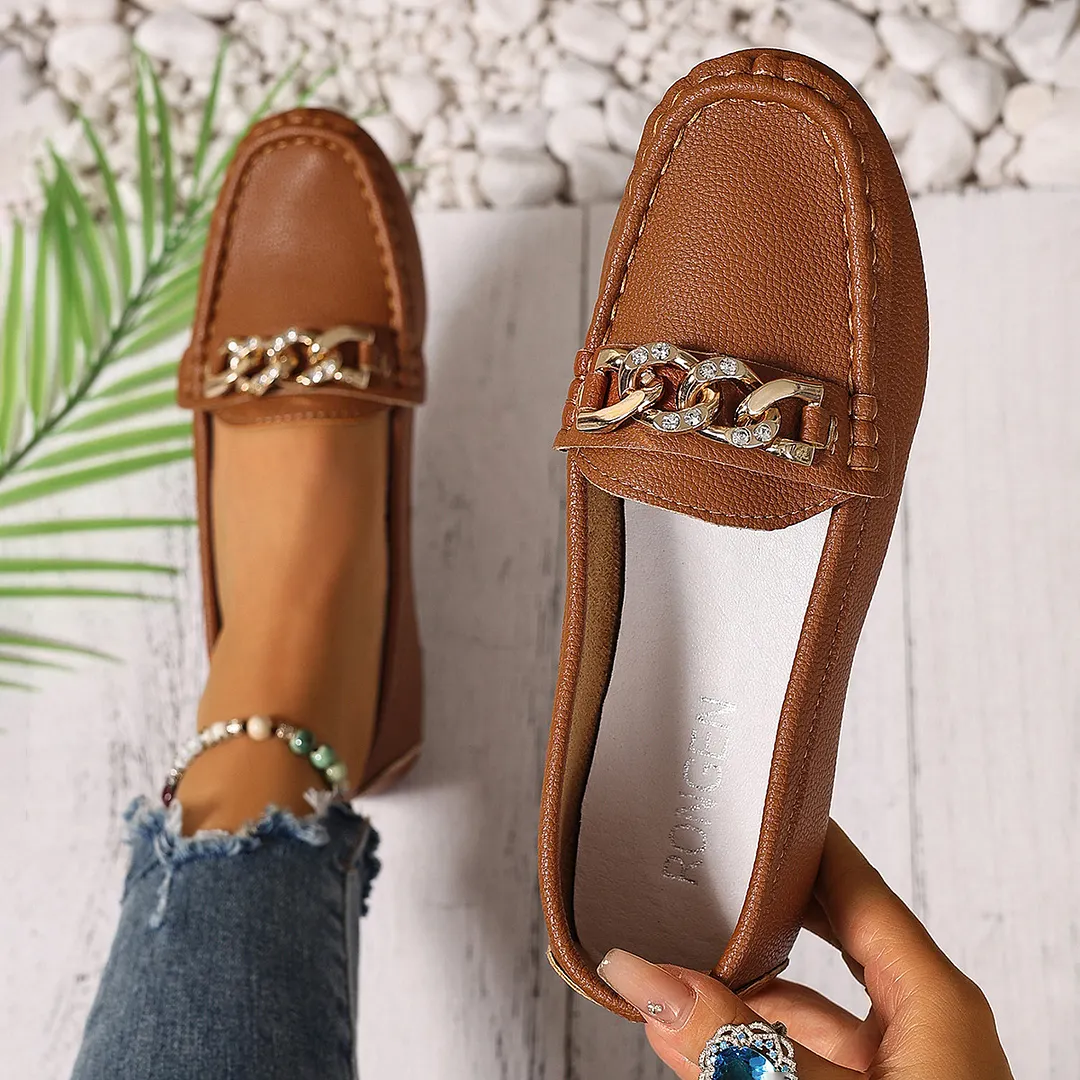 Breakj Breakj And Autumn New Bean Shoes Women's Version Of The Round Head Low Metal Chain Casual Mother Singles Women For A Long Time