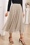 Women's Elegant Apricot Tulle Mesh Overlay Flared Midi Skirt