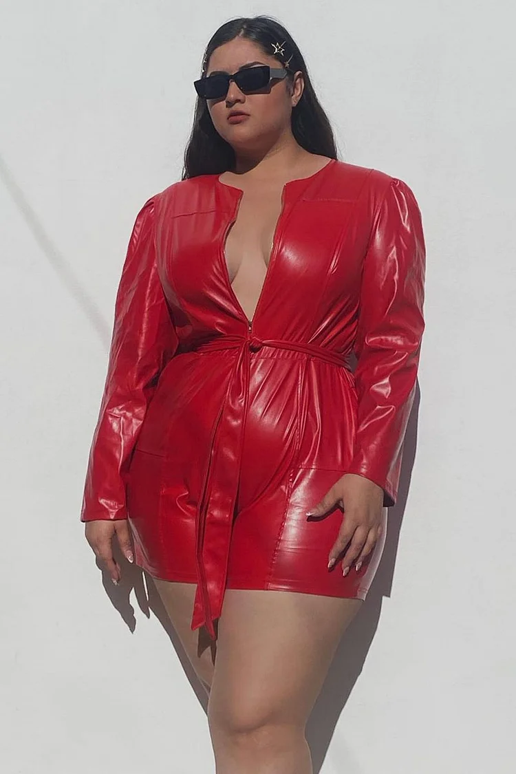 Xpluswear Plus Size PU Leather Round Neck Zipper With Pockets Romper