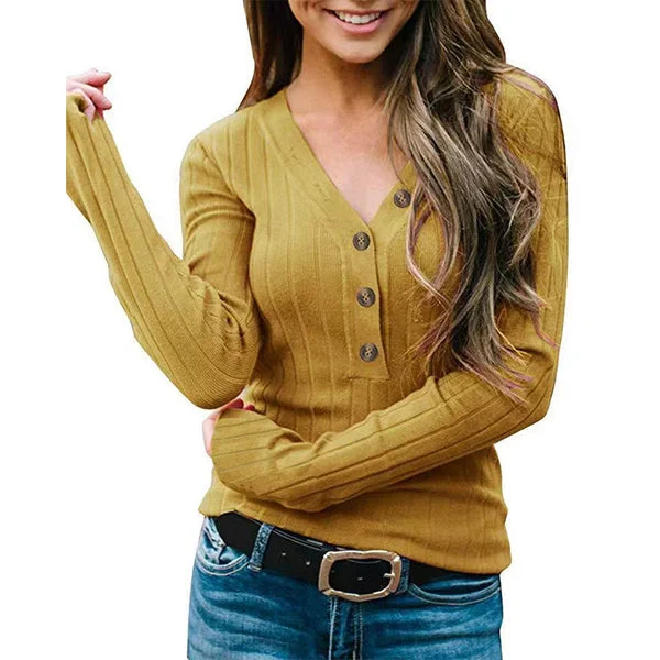 Women's V Neck Knitted Button Down Long Sleeves Tops