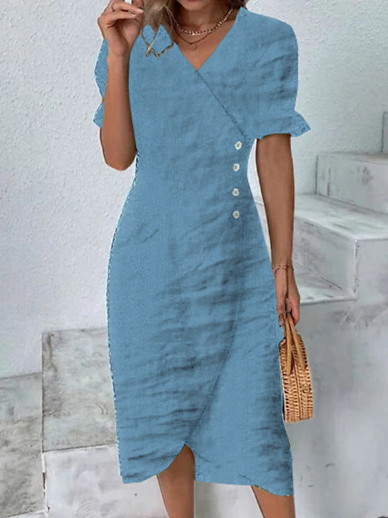 Women Half Sleeve V-neck Solid Color Dress