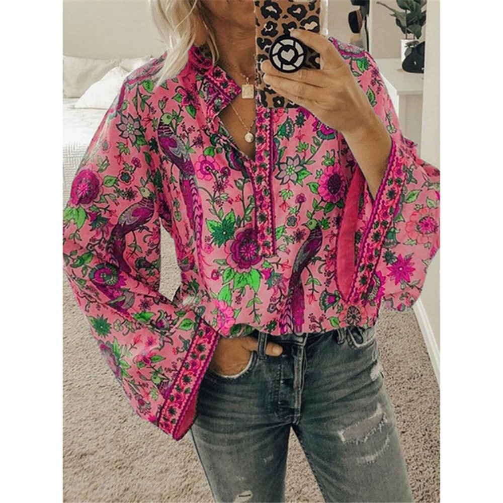 Fanbety Plus size Autumn Chic Blouses women Peacock Floral Print Long Sleeve Shirts women Casual V-neck Boho Blouse Tops Female