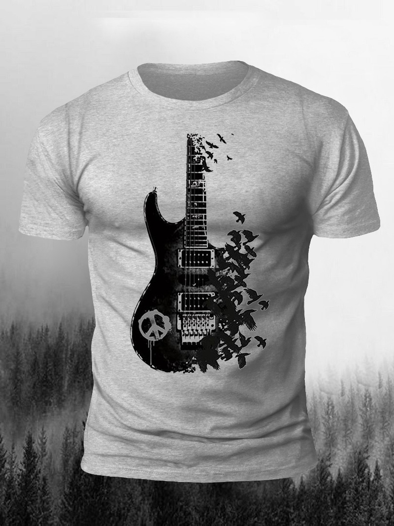 Men's Crow Guitar Print Casual Short Sleeve T-shirt