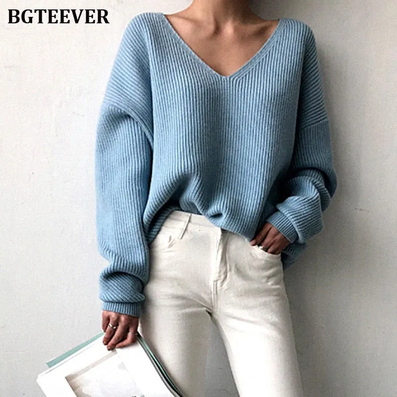 BGTEEVER Casual V-neck Long Sleeve Loose Women Pullover Sweaters 2020 Autumn Winter Chic Irregular Hem Female Knitting Jumpers
