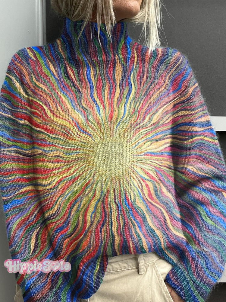 Colourful Sun Stripes Vintage Print Knit Turtleneck Pullover Sweater Multicolor / S