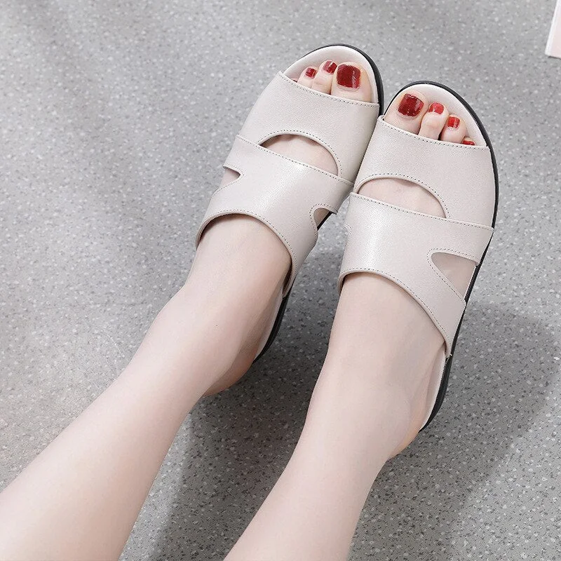 GKTINOO Women Slippers Shoes Genuine Leather Casual Slides Women Summer Shoes Retro Solid Mother Shoes Wedges Flip Flops Size 43