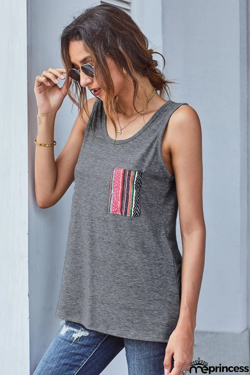 Plain Gray Casual Women Tank Top with Multicolor Pocket