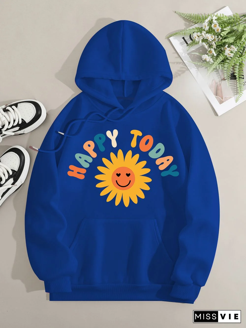 Printed on front Kangaroo Pocket Hoodie Long Sleeve for Women Pattern happy today