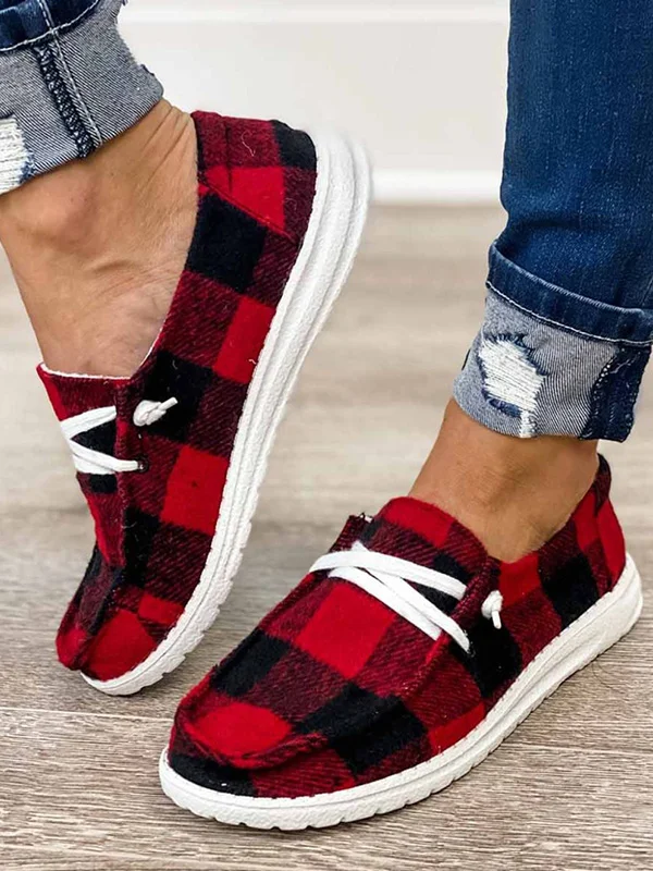 Vintage Plaid Lace Up Flat Sneakers