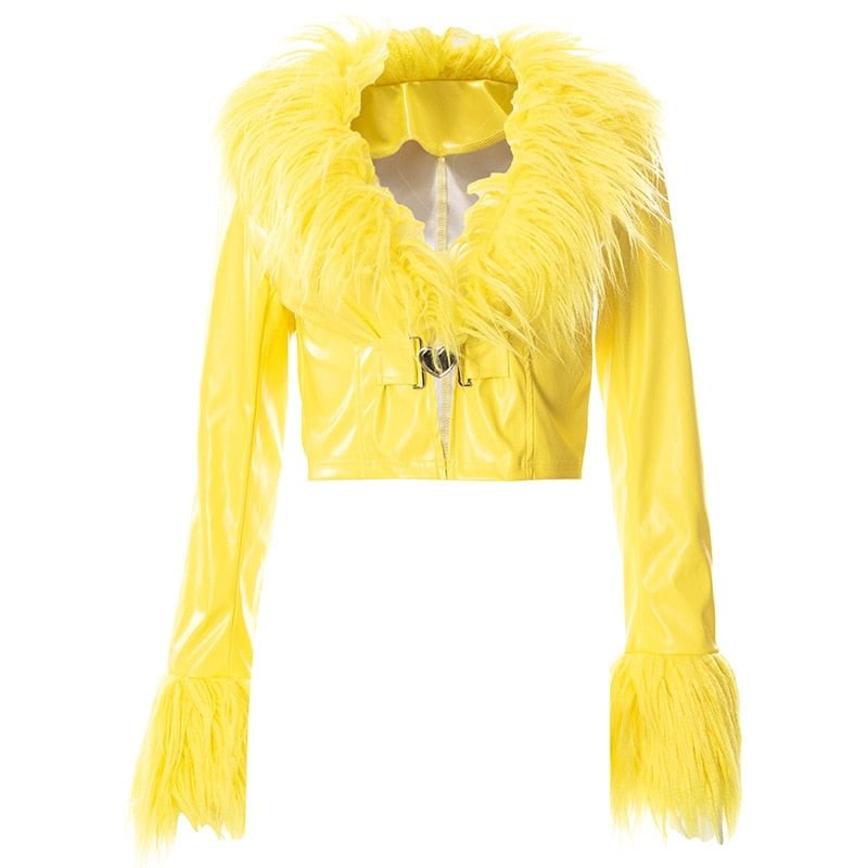 BOOFEENAA Y2k Streetwear Yellow PU Leather Jackets for Women Winter Vintage Clothes Fuzzy Faux Fur Collar Coats C85-FG34