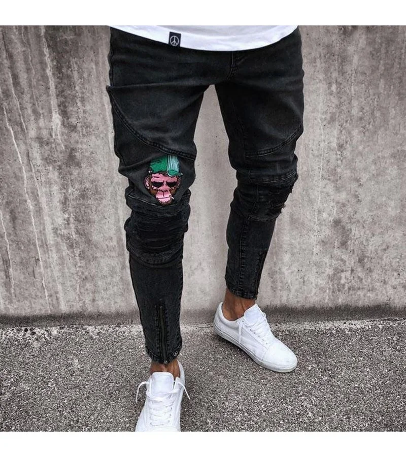 Men Fashion Applique Zipper Design Denim Jeans