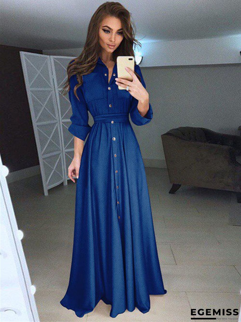 Long Sleeve Button Lace Solid Color Dress | EGEMISS