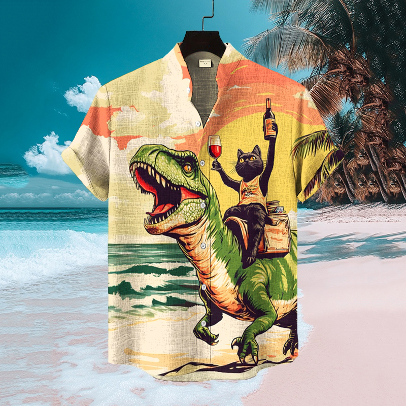 Men's Cat Dinosaur Landscape Print Short-sleeved Shirt