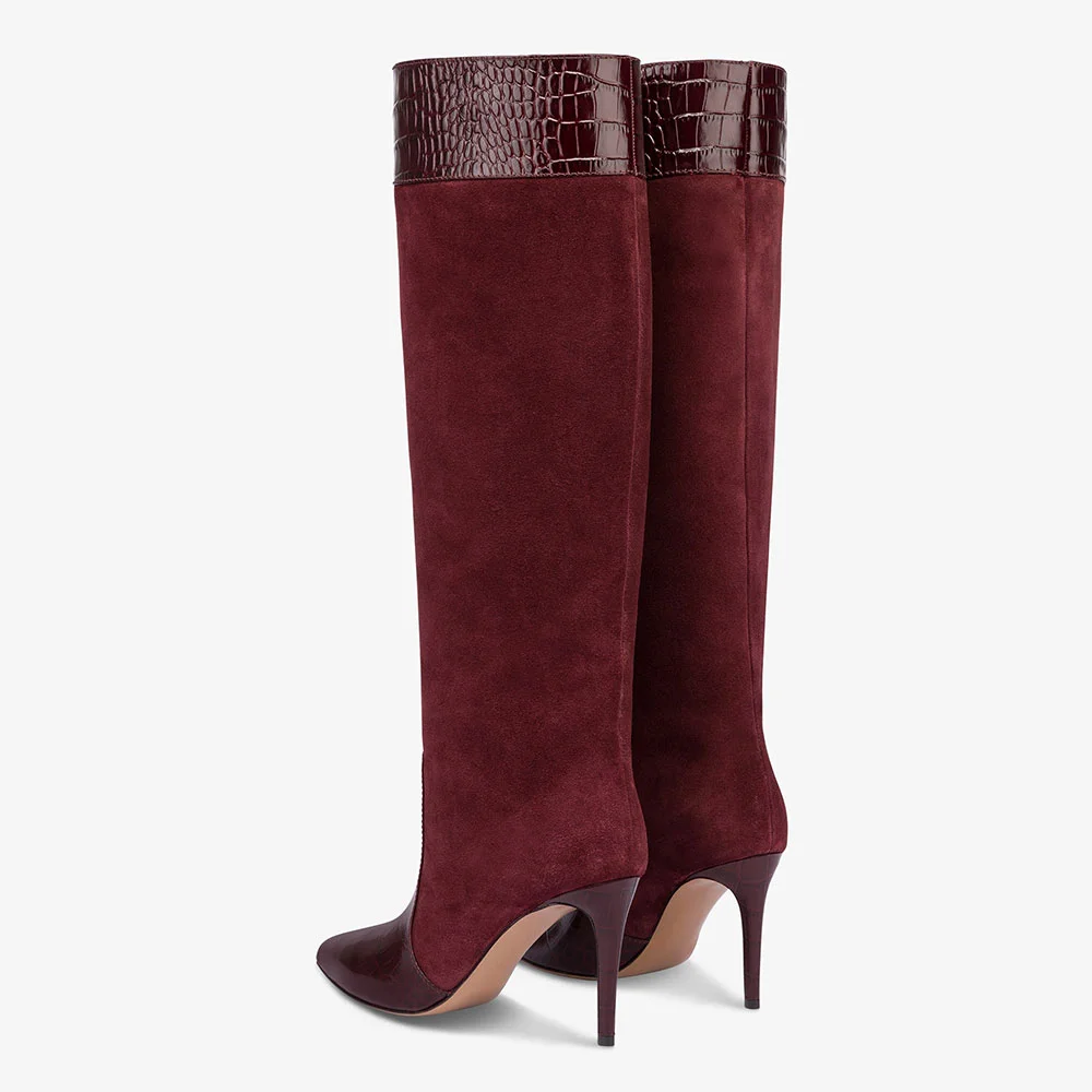 Burgundy Croco Embossed Stiletto Heel Knee High Boots for Women