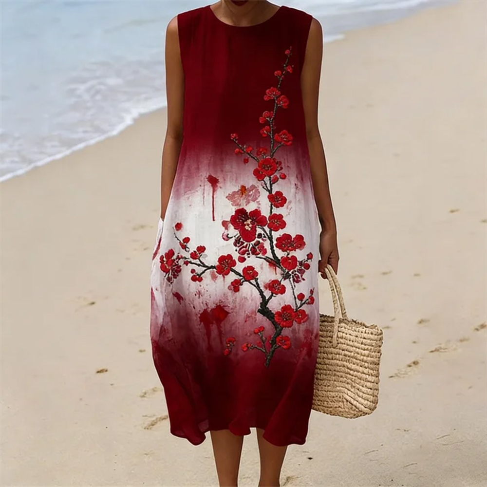 Japanese-style Plum Blossom Art Gradient Embroidery Cotton Linen Dress elevenforest