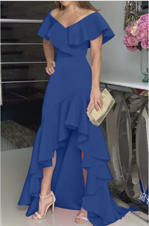 Brownm Brownm Temperament Sexy V-Neck Irregular Solid Color Hem Leaves On The Edge Of The Individual Design Lady Dress