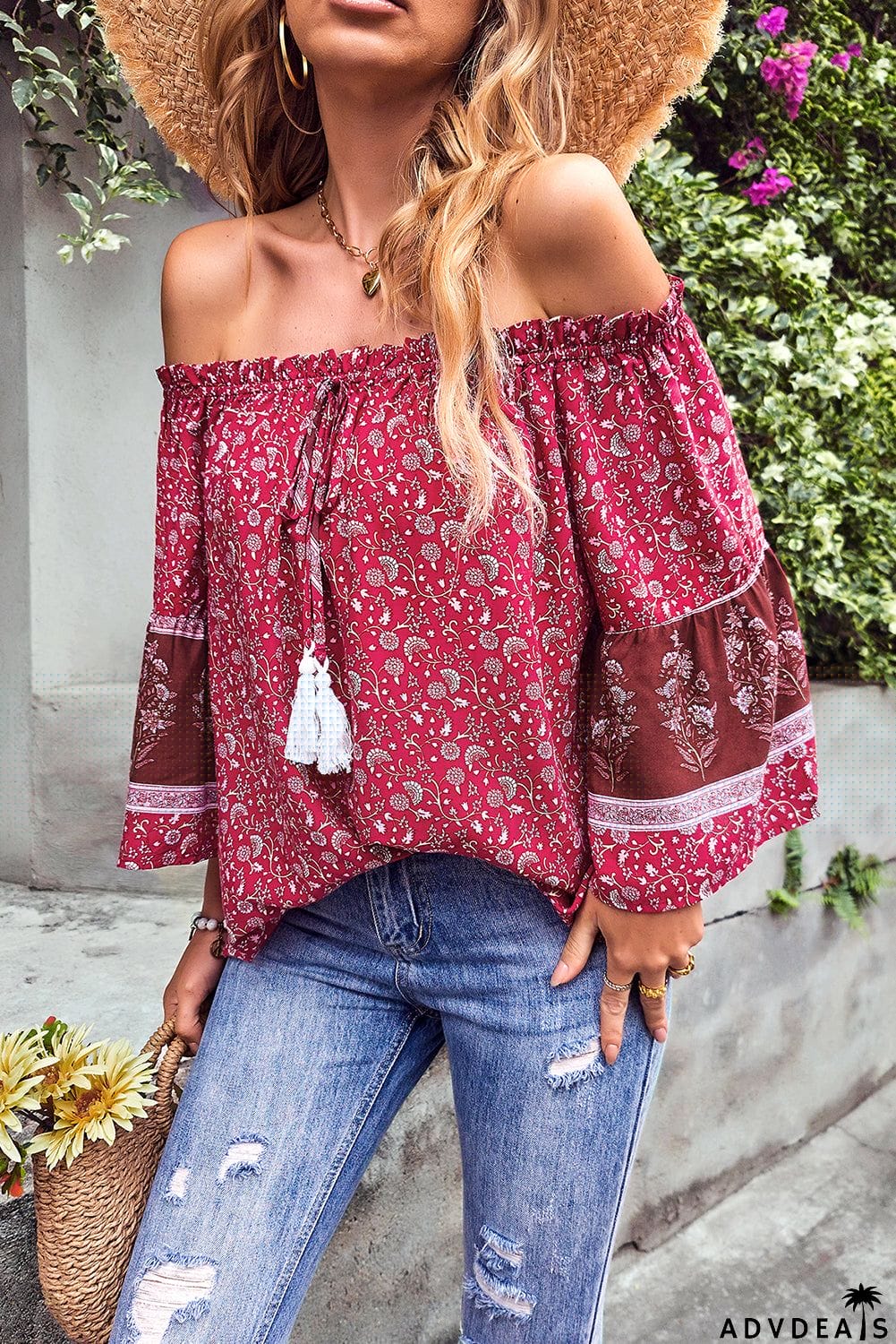 Boho Off-shoulder Floral Print Blouse