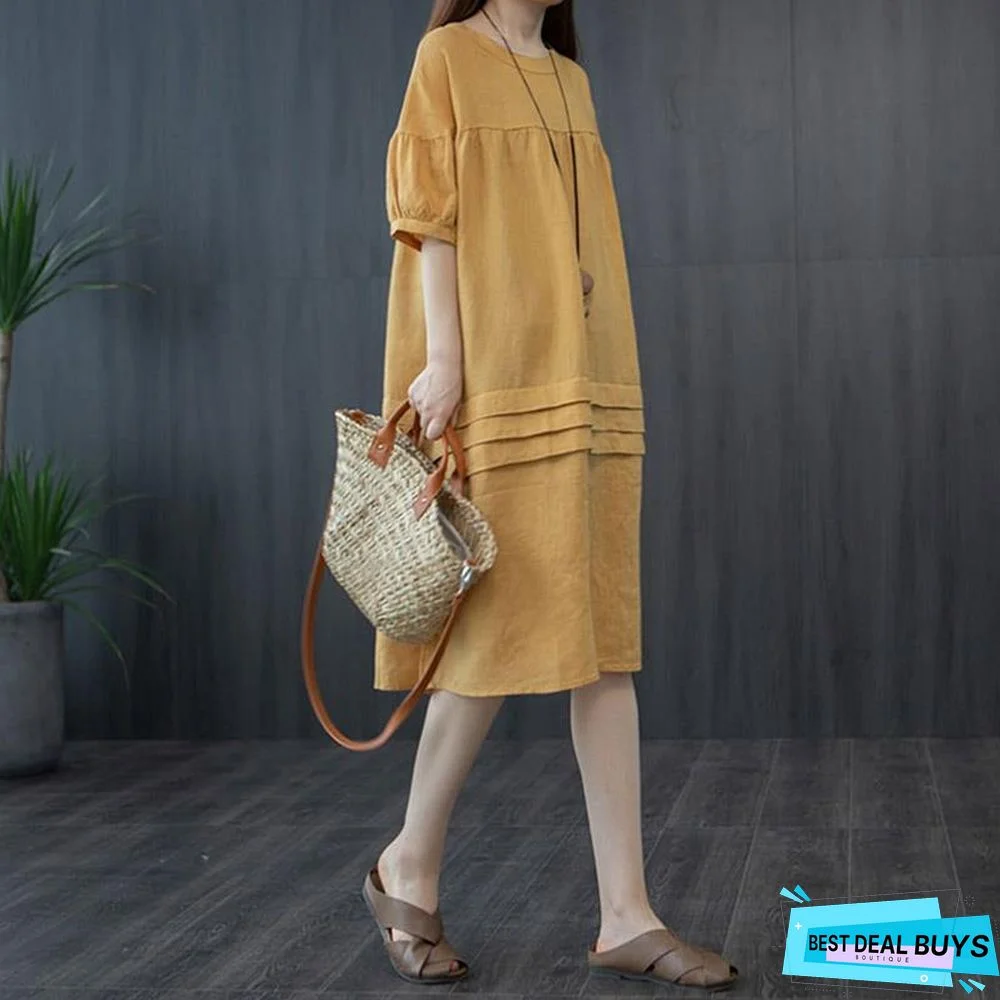 Cotton Dress Women's Casual Loose Plus Size Teaching Folds to Cover Belly Linen