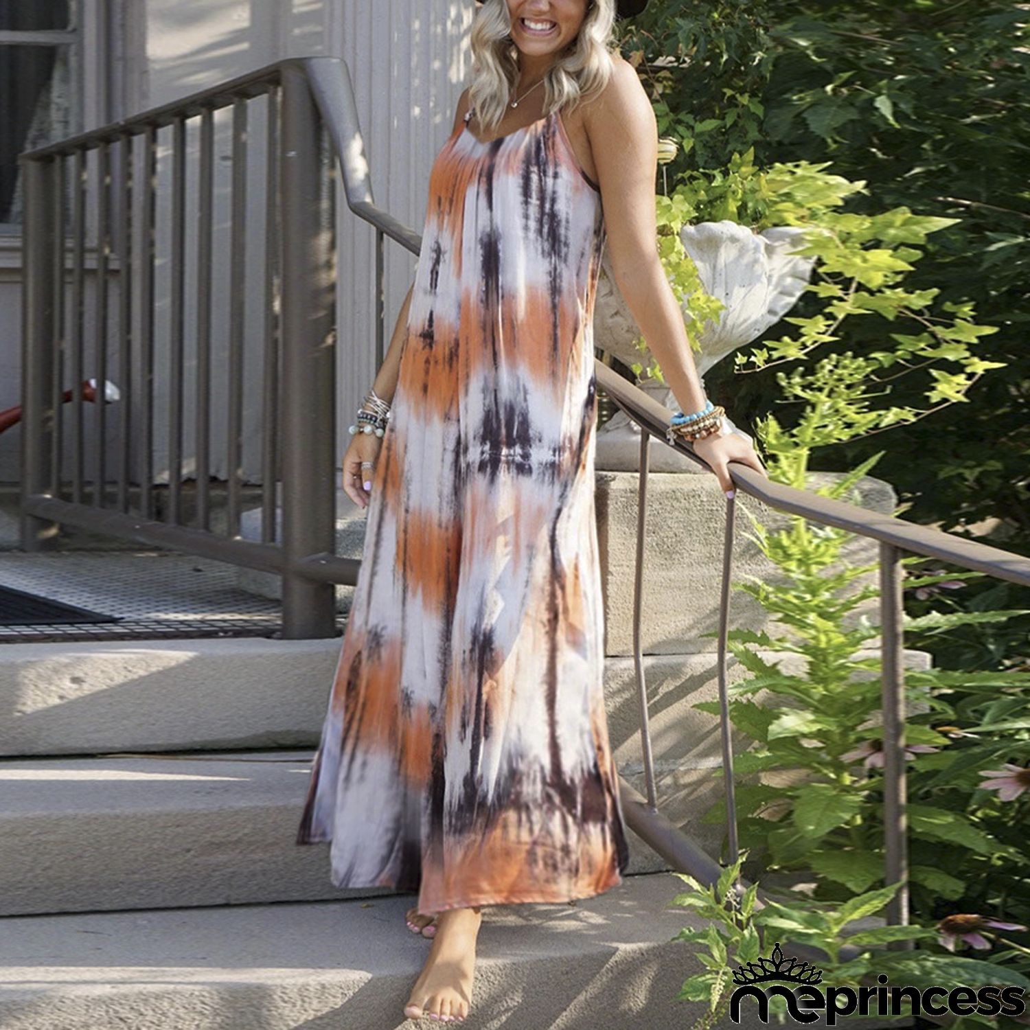 Women Casual Summer Vacation Tie Dye Print Loose Maxi Dress